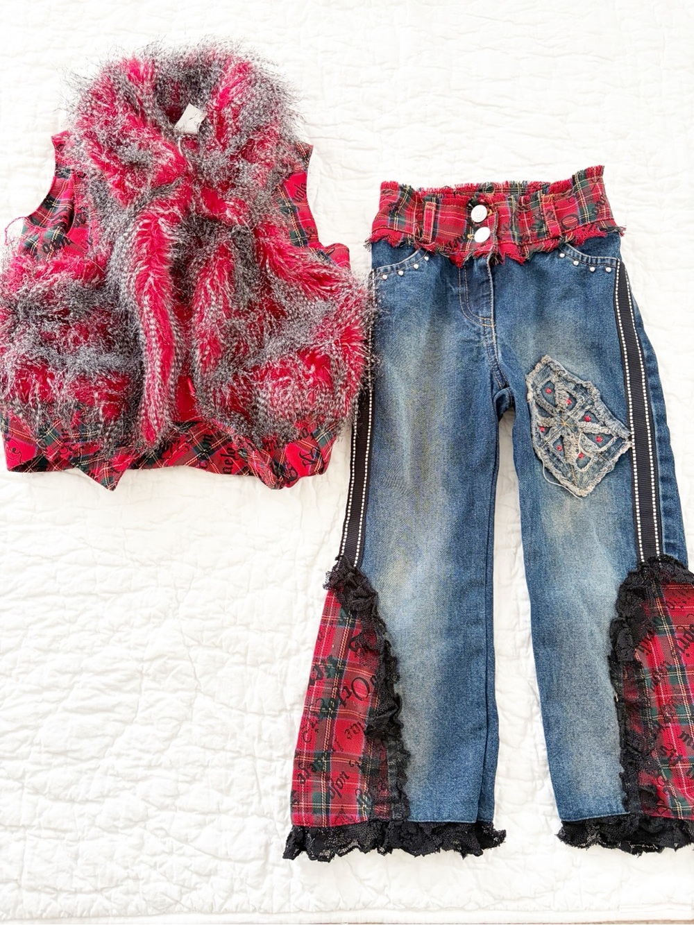 Little Mass Girls 4T Two-Piece Red Plaid & Denim Set with Fuzzy Vest